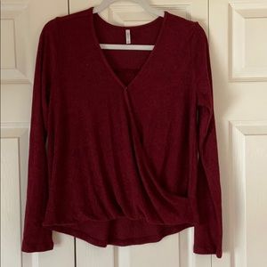 Maroon V-Neck Front-Clasp Wrap Sweater